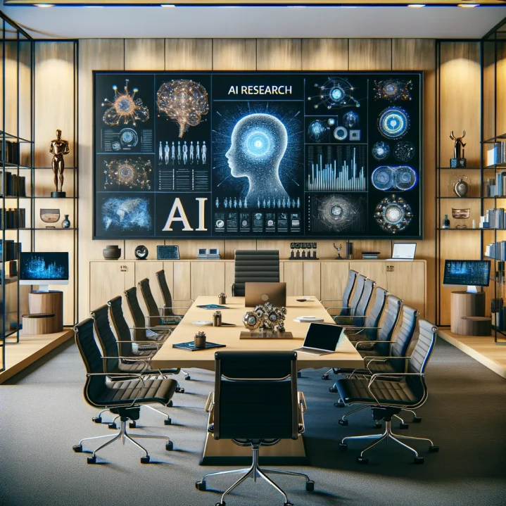 An AI generated image depicting a boardroom with a screen showing AI statistics, AI Researcher salaries have been revealed in a new report.