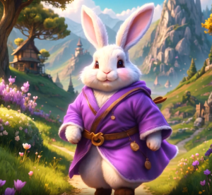 An snapshot of an AI generated video created by MagicVideo-V2. An animated rabbit in a purple coat walks along a path in a fantasy world