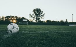 Soccer ball on grass in dusk
