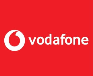 A picture of the Vodafone logo. White writing on a red background