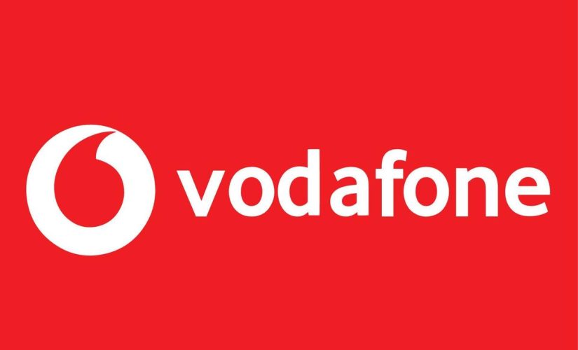 A picture of the Vodafone logo. White writing on a red background