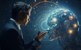 A generated image of a man in a suit looking at a large liquid metal head which glows artificially. It represent AI.