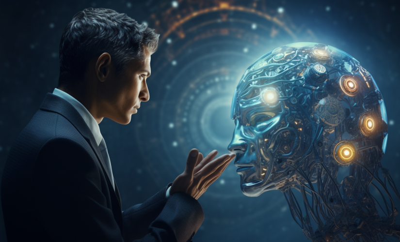 A generated image of a man in a suit looking at a large liquid metal head which glows artificially. It represent AI.