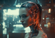 A high resolution generated image of a cyborg women with a beautiful face and machine parts in her brain.