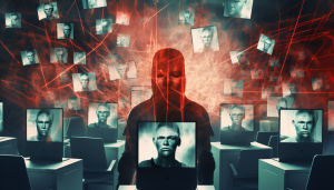 An abstract image of a hooded man in behind many screens with the same face on each screen except altered to be slightly different. Red lasers crisscross in the background