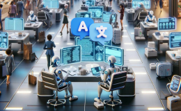 AI influences decline in freelance writing, translation, and service jobs. AI image of robots working on computers in large office with translation speech bubbles that has letter "A" and Chinese character.