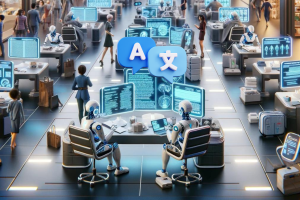 AI influences decline in freelance writing, translation, and service jobs. AI image of robots working on computers in large office with translation speech bubbles that has letter "A" and Chinese character.
