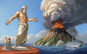An AI generated image of God overlooking a volcano