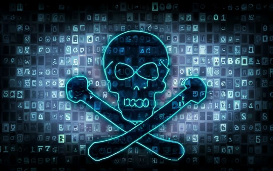 A conceptual image to show digital piracy. A black skull and cross bones with a light blue outline is set in the foreground in front of dozens of small screens