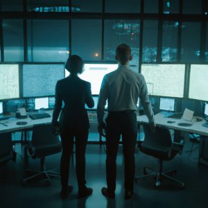 A generated image of male and female agents team standing in front of computer screens in a control centre.