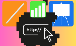 Apple buys iWork.ai domain amid Big Tech AI race. Black pixelated Apple logo with a mouse over a search bar and apps showing pen, graph, and presentation