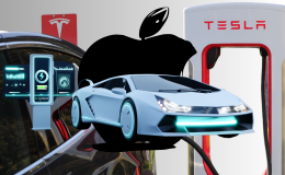 Apple to scrap multibillion dollar electric car project, much to Tesla's delight. Electric car with futuristic charge in front of depiction of Apple logo, and Tesla car being charged