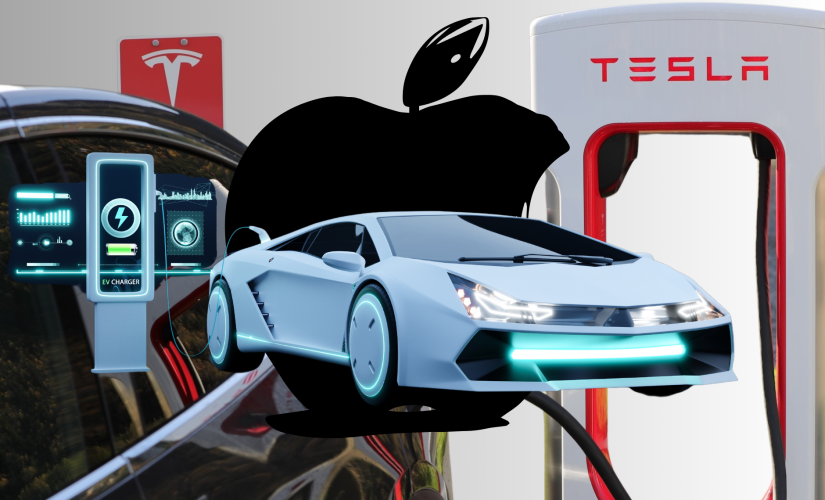 Apple to scrap multibillion dollar electric car project, much to Tesla's delight. Electric car with futuristic charge in front of depiction of Apple logo, and Tesla car being charged