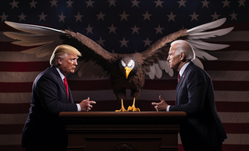 An AI generated of Donald Trump and Joe Biden facing each other across two lecterns with a large American eagle in the background.