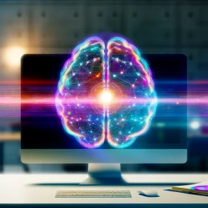 A conceptual image of a multicoloured holographic brain floating in front of a computer screen to represent a "supersmart" AI assistant