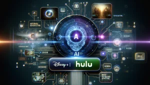 Futuristic AI interface analyzing Disney+ and Hulu content, with digital connections for mood-based advertising, showcasing advanced AI in streaming.