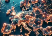 A stylized map of Europe with interconnected beams of light running cross it symbolize mobile networks