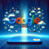 A symbolic representation of Google-removing-_cached-links_-from-its-search-pages.-The-scene-is-set-on-a-digital-landscape-with-a-large-Google logo in the middle disappearing