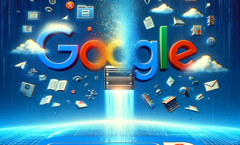 A symbolic representation of Google-removing-_cached-links_-from-its-search-pages.-The-scene-is-set-on-a-digital-landscape-with-a-large-Google logo in the middle disappearing