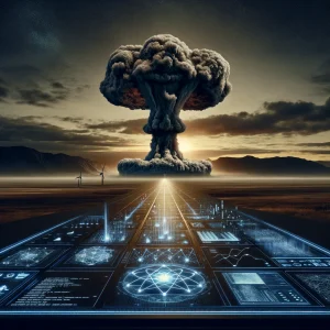 A conceptual and symbolic image depicting AI's propensity for choosing violent solutions when given wargame simulations, represented by a solitary mushroom cloud rising in the background with digital displays representing AI in the foreground.