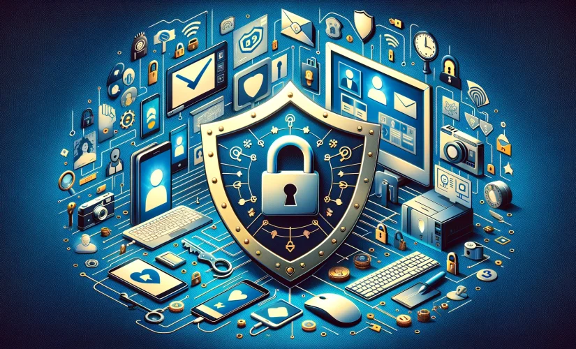 Image illustrating a safe and secure digital environment for teens, featuring a shield and lock symbols with smartphones and computers, emphasizing online protection.