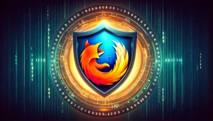 Digital illustration of a protective shield with the Mozilla Firefox logo, set against a backdrop of binary code, symbolizing the Monitor Plus service's dedication to online data security.
