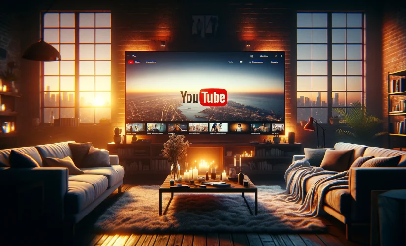 Modern living room at dusk with a large TV displaying the YouTube interface, surrounded by comfortable seating, illustrating a group enjoying diverse content together.