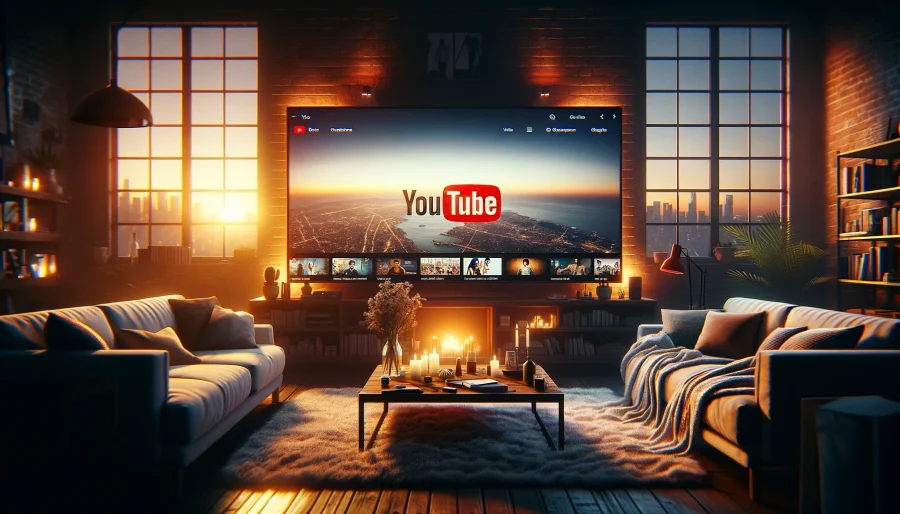 DALL·E 2024 02 06 19.29.35 Create A 1200x800 Pixel Image Of A Modern Living Room At Dusk With A Large TV Screen Displaying The YouTube Interface Highlighting A Diverse Array O 900x514.webp