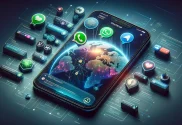 Smartphone screen displaying WhatsApp interface with integrated messages from iMessage, Signal, and Telegram, featuring encryption icons on a background symbolizing global connectivity.