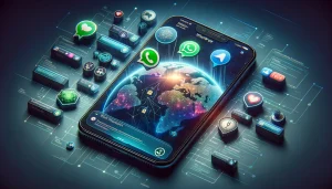 Smartphone screen displaying WhatsApp interface with integrated messages from iMessage, Signal, and Telegram, featuring encryption icons on a background symbolizing global connectivity.