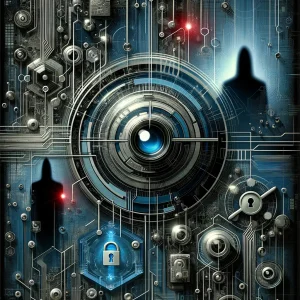 An abstract representation of spyware. A sleek circular camera, like an eye, is in the centre of the image surrounded by generic images like locks and wires to represent cyber security