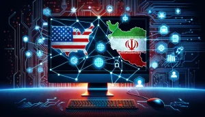 Digital illustration of a computer screen displaying a map of the United States and Iran connected by digital lines, with security and election icons, symbolizing cyber operations between the nations.
