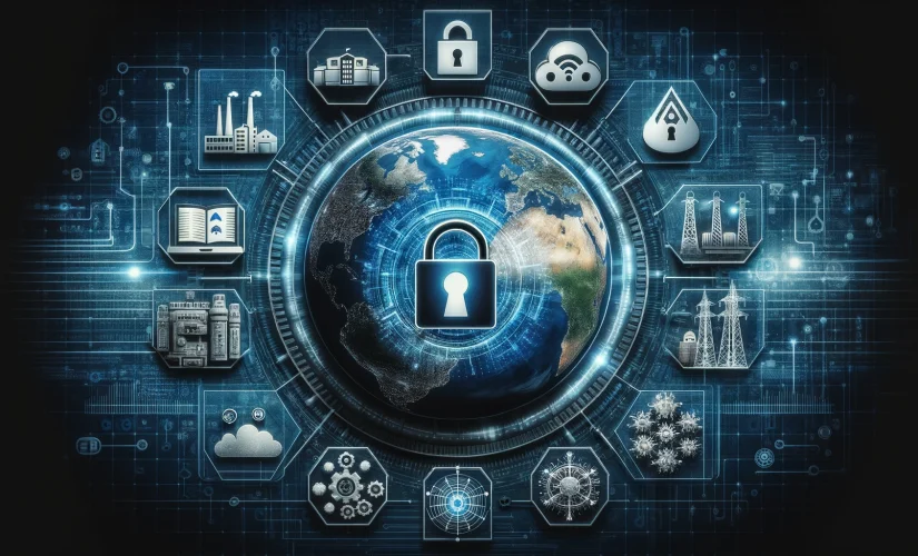 Image showcasing cybersecurity protection of critical infrastructure with symbols like a digital lock, a firewall, and icons for water, energy, and transportation sectors under a cyber-themed overlay.