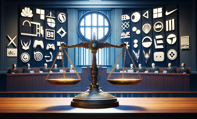 Courthouse setting with Microsoft and Activision Blizzard logos in the background, featuring a balanced scale, symbolizing legal scrutiny over their merger.