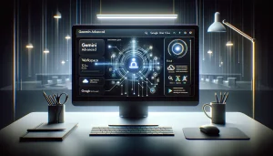 Modern minimalist workspace with a computer screen showing the Gemini Advanced interface, including icons for Google Workspace, Cloud, and Google One AI Premium plan, with glowing lines and digital patterns emphasizing AI technology.