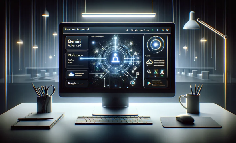 Modern minimalist workspace with a computer screen showing the Gemini Advanced interface, including icons for Google Workspace, Cloud, and Google One AI Premium plan, with glowing lines and digital patterns emphasizing AI technology.