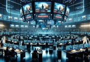 A digital newsroom with sleek, modern design, featuring multiple screens displaying an AI-generated newsreader. The screens show fabricated casualty numbers and images of conflict, symbolizing the disruption caused by Iranian hackers in streaming services across the UAE, UK, and Canada.