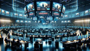 A digital newsroom with sleek, modern design, featuring multiple screens displaying an AI-generated newsreader. The screens show fabricated casualty numbers and images of conflict, symbolizing the disruption caused by Iranian hackers in streaming services across the UAE, UK, and Canada.