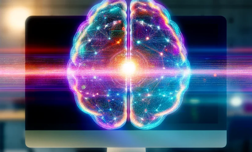 A conceptual image of a multicoloured holographic brain floating in front of a computer screen to represent a "supersmart" AI assistant