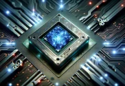 Futuristic Nvidia AI chip with intricate circuits and glowing elements, symbolizing advanced technology, set against a background of abstract digital patterns representing cloud computing and AI.