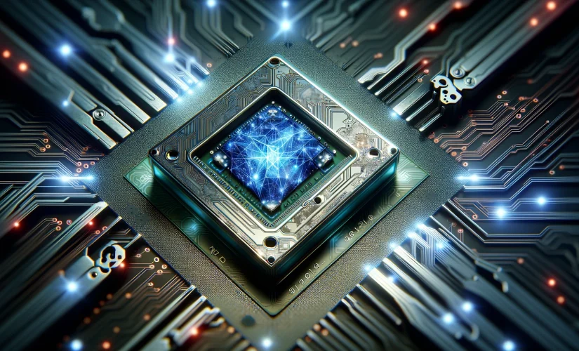 Futuristic Nvidia AI chip with intricate circuits and glowing elements, symbolizing advanced technology, set against a background of abstract digital patterns representing cloud computing and AI.