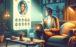 An AI-generated image of a single man sitting on sofa in a warmly lit room with a laptop open and their phone in one hand editing their dating profile.