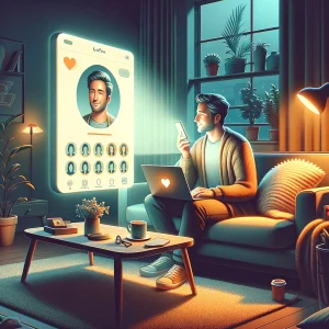 An AI-generated image of a single man sitting on sofa in a warmly lit room with a laptop open and their phone in one hand editing their dating profile.