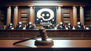 Courtroom scene with a gavel on the judge's bench and the logos of OpenAI and ChatGPT in the background, representing the legal dispute over AI copyright infringement.