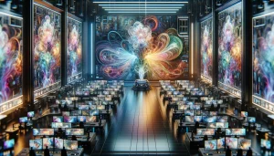 Futuristic AI laboratory with screens showing colorful, detailed images by Stability AI's Stable Cascade, symbolizing advancements in high-resolution AI art.