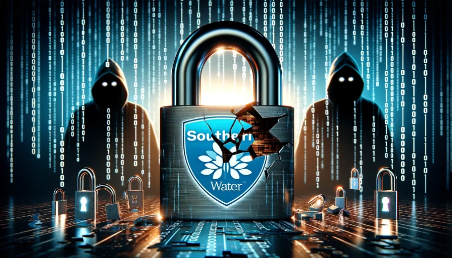 Digital illustration of a shattered padlock with the Southern Water logo, symbolizing a data breach, against a backdrop of binary code and hackers, with the U.K. map watermark indicating the incident's location.