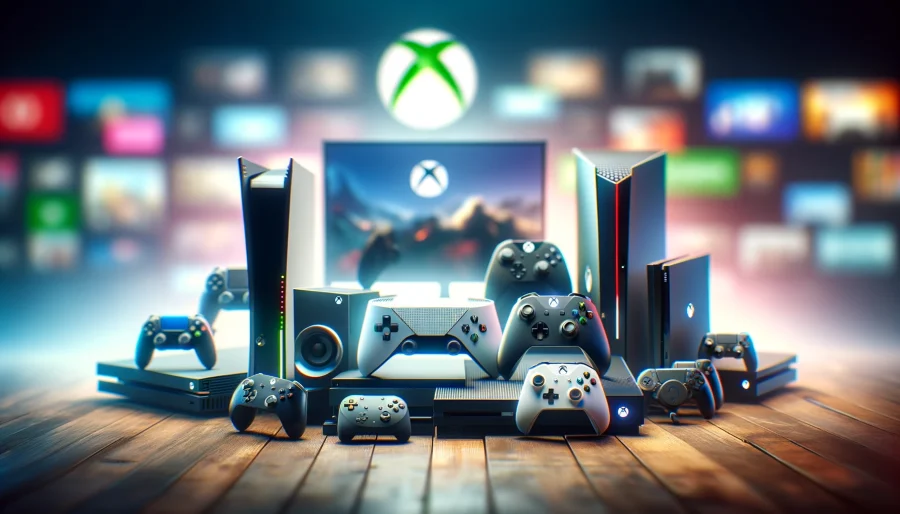 Array of gaming devices including a PC, Xbox console, PS5, and Nintendo Switch blurred in the background, symbolizing Xbox Game Pass's cross-platform reach.
