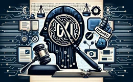 Image depicting the term 'GPT' crossed out amidst symbols of legal documents, a courtroom gavel, and a computer screen with AI code, symbolizing the legal challenges around trademarking common AI industry terms.