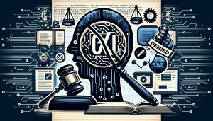 Image depicting the term 'GPT' crossed out amidst symbols of legal documents, a courtroom gavel, and a computer screen with AI code, symbolizing the legal challenges around trademarking common AI industry terms.