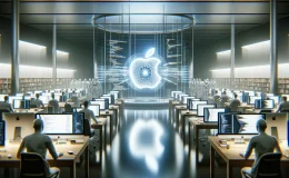 Modern Apple development lab with developers at computers and a large, transparent display showing AI code, illuminated by the glow of screens and the Apple logo.